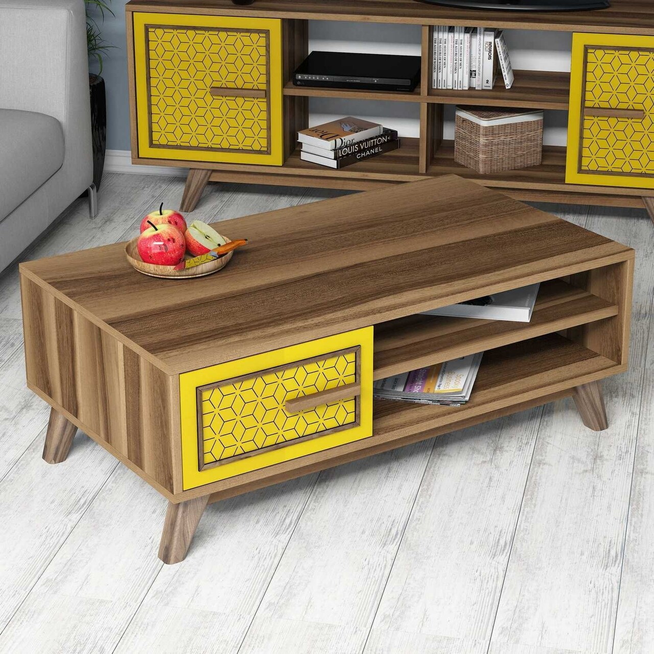 Masuta de cafea Ayla Walnut, Hommy Craft, 105x60x38,2 cm, aluna/galben - imagine 5